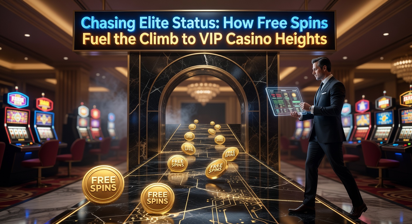 Ein stilisiertes Casino-VIP-Lounge mit glänzenden Free-Spins-Symbolen, die eine Leiter zum Elite-Status symbolisieren