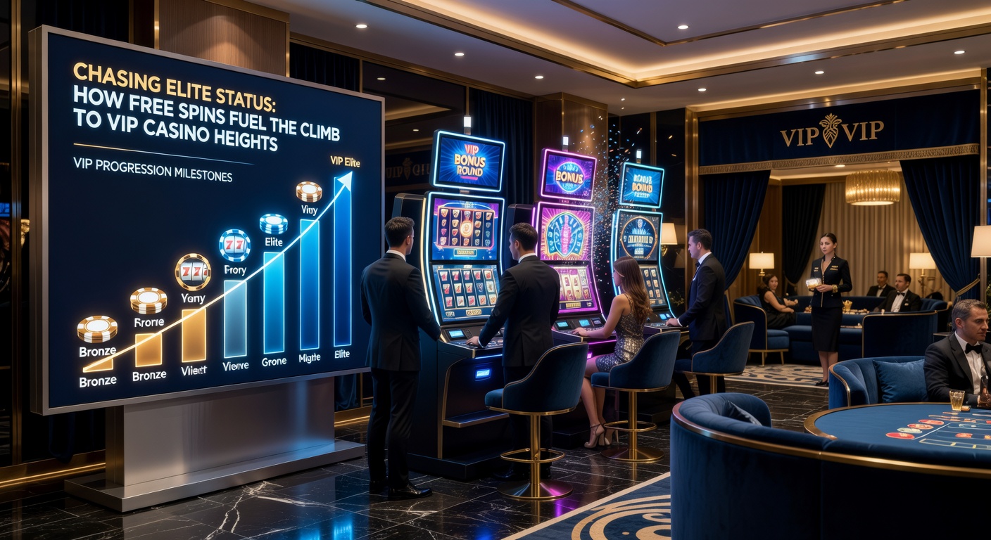 Grafik einer VIP-Leiter mit Free-Spins-Icons, die Stufen beleuchten, umgeben von Casino-Elementen wie Chips und Lichtern